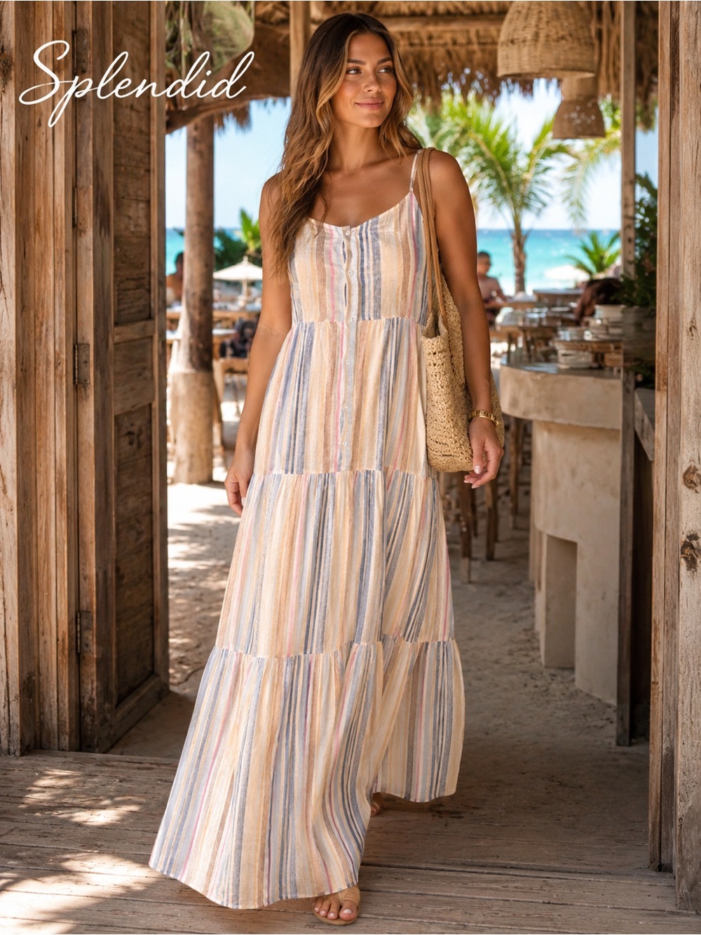 🌸Splendid Pastel Stripe Tiered Maxi Linen Blend Dress size L coastal resort boho